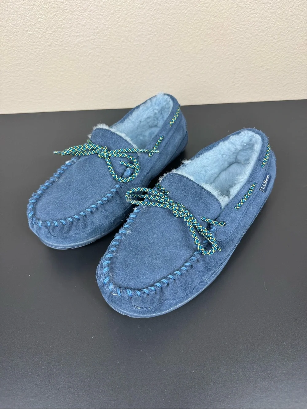 L.L.Bean Sherpa‎ Moccasin Slippers Shoes with Rubber Soles Navy EUC